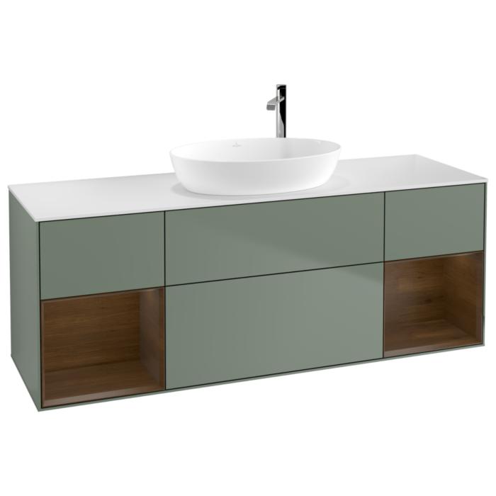 Villeroy Und Boch Finion Waschtischunterschrank F981GNGM 160Cm, Abdeckplatte White Matt, Regale Walnut Veneer, Olive Matt Lacquer