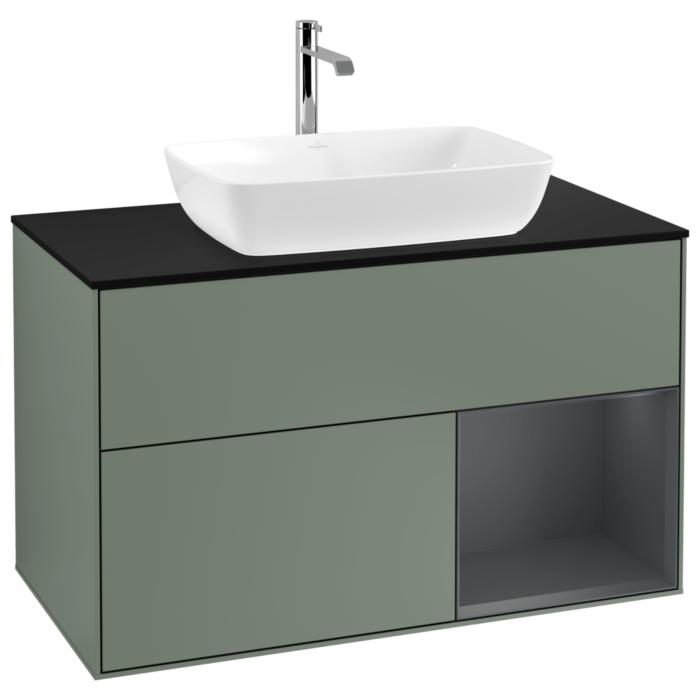 Villeroy Und Boch Finion Waschtischunterschrank G782HGGM 100Cm, Abdeckplatte Black Matt, Emotion, Regale Midnight Matt Lacquer, Olive Matt Lacquer