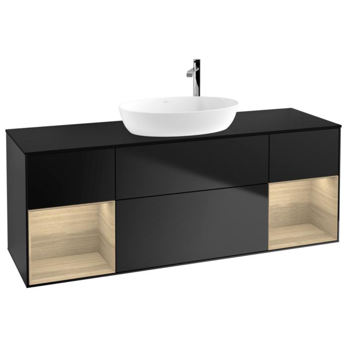 Villeroy Und Boch Finion Waschtischunterschrank G982PCPD 160Cm, Abdeckplatte Black Matt, Emotion, Regale Oak Veneer, Black Matt Lacquer