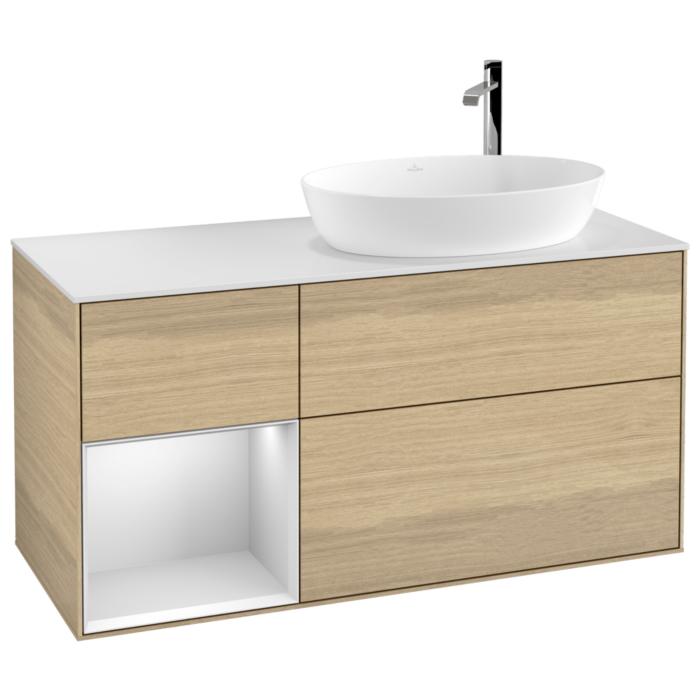 Villeroy Und Boch Finion Waschtischunterschrank F921MTPC 120Cm, Abdeckplatte White Matt, Regale White Matt Lacquer, Oak Veneer