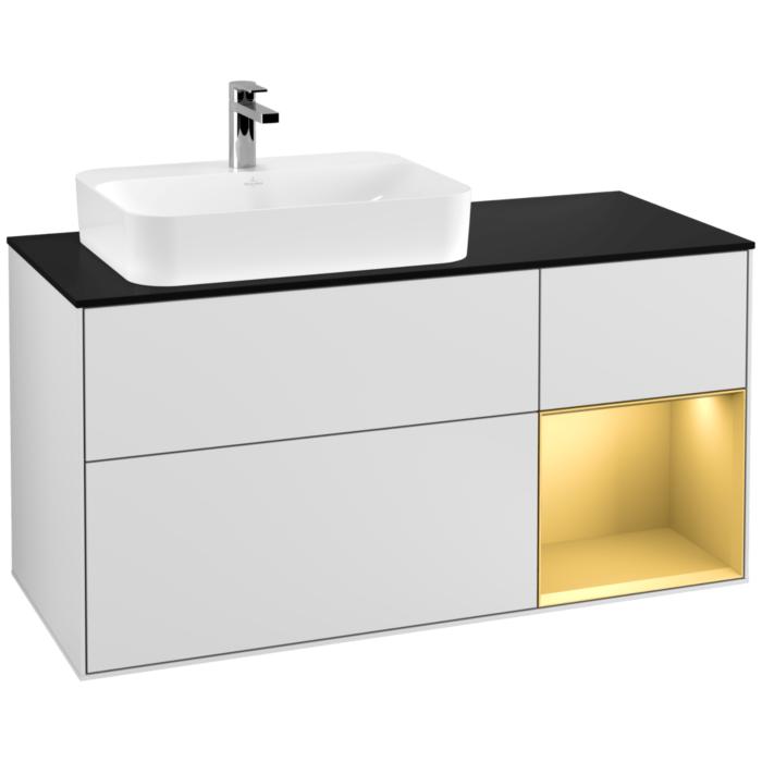 Villeroy Und Boch Finion Waschtischunterschrank G402HFMT 120Cm, Abdeckplatte Black Matt, Emotion, Regal Rechts Gold Matt, White Matt Lacquer