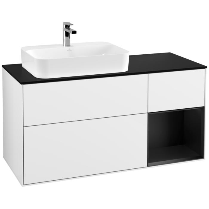 Villeroy Und Boch Finion Waschtischunterschrank G402PDGF 120Cm, Abdeckplatte Black Matt, Emotion, Regal Rechts Black Matt Lacquer, Glossy White Lacquer