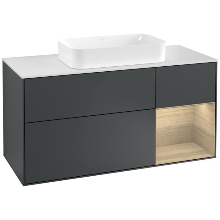 Villeroy Und Boch Finion Waschtischunterschrank G301PCHG 120Cm, Abdeckplatte White Matt, Emotion, Regal Rechts Oak Veneer, Midnight Blue Matt Lacquer