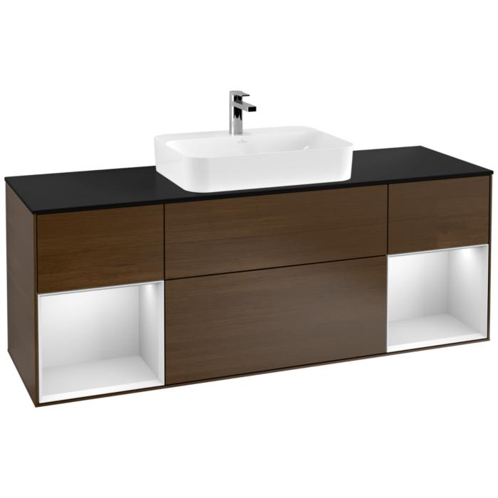 Villeroy Und Boch Finion Waschtischunterschrank F452MTGN 160X60,3Cm, Abdeckplatte Black Matt, Regale White Matt Lacquer, Walnut Veneer