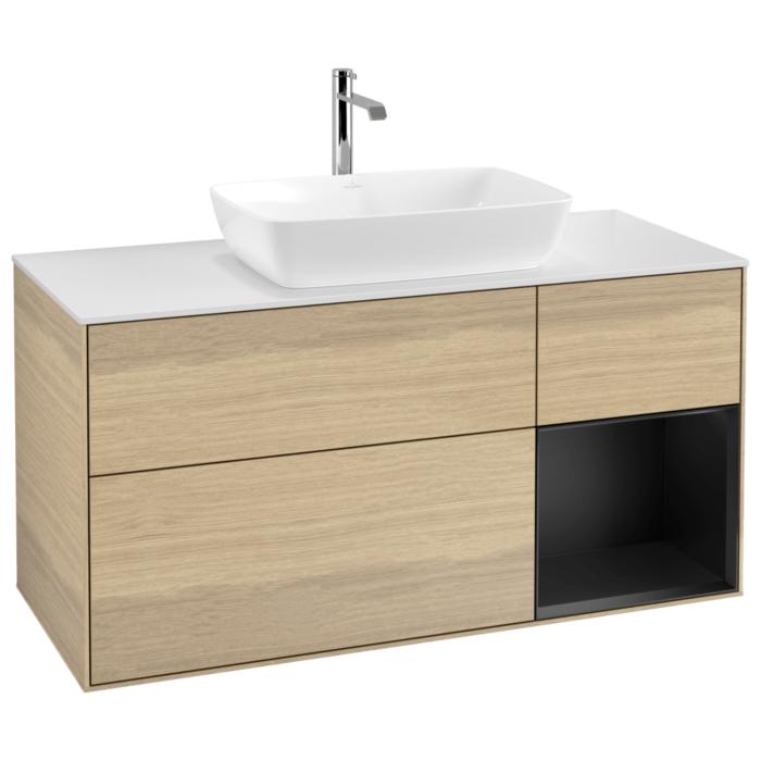 Villeroy Und Boch Finion Waschtischunterschrank G831PDPC 120Cm, Abdeckplatte White Matt, Emotion, Regale Black Matt Lacquer, Oak Veneer