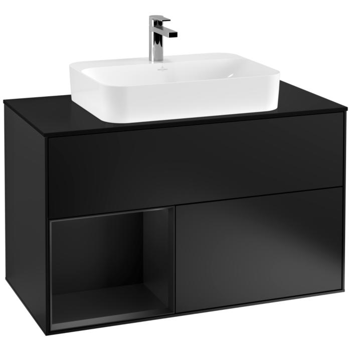 Villeroy Und Boch Finion Waschtischunterschrank F362PDPD 100Cm, Abdeckplatte Black Matt, Regal Links Black Matt Lacquer, Black Matt Lacquer