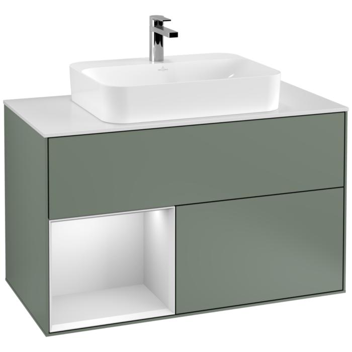 Villeroy Und Boch Finion Waschtischunterschrank F361MTGM 100Cm, Abdeckplatte White Matt, Regal Links White Matt Lacquer, Olive Matt Lacquer