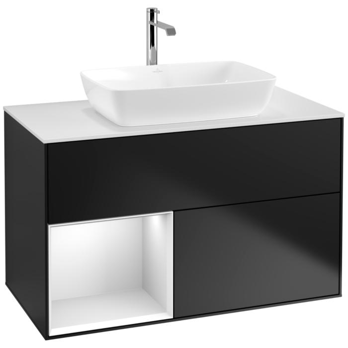 Villeroy Und Boch Finion Waschtischunterschrank F771MTPD 100Cm, Abdeckplatte White Matt, Regale White Matt Lacquer, Black Matt Lacquer