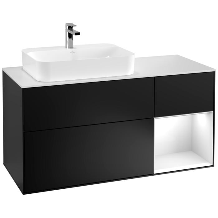 Villeroy Und Boch Finion Waschtischunterschrank F401GFPD 120Cm, Abdeckplatte White Matt, Regal Rechts Glossy White Lacquer, Black Matt Lacquer
