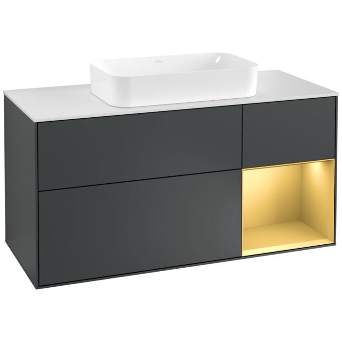 Villeroy Und Boch Finion Waschtischunterschrank G301HFHG 120Cm, Abdeckplatte White Matt, Emotion, Regal Rechts Gold Matt, Midnight Blue Matt Lacquer