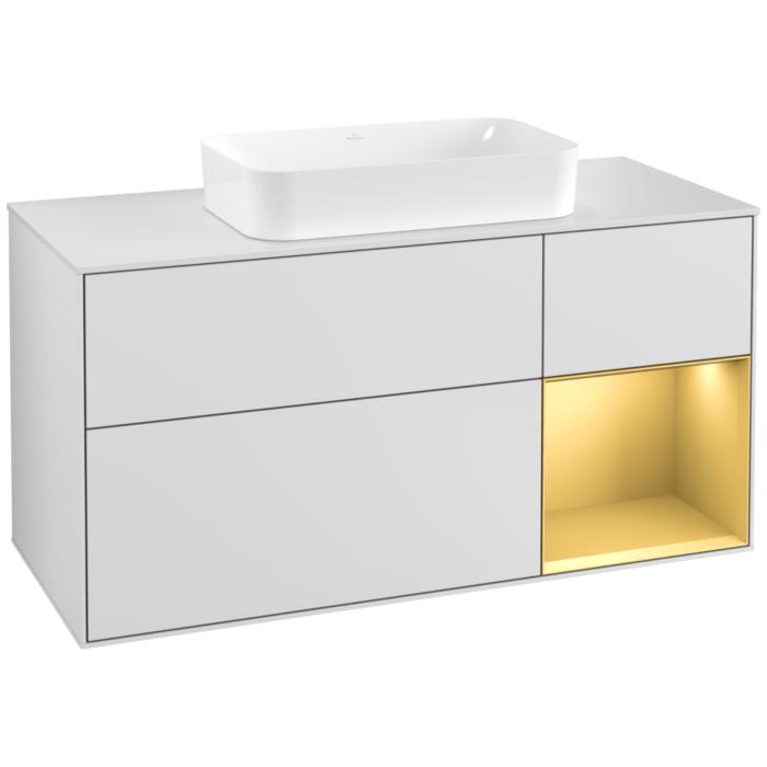 Villeroy Und Boch Finion Waschtischunterschrank F301HFMT 120Cm, Abdeckplatte White Matt, Regal Rechts Gold Matt, White Matt Lacquer