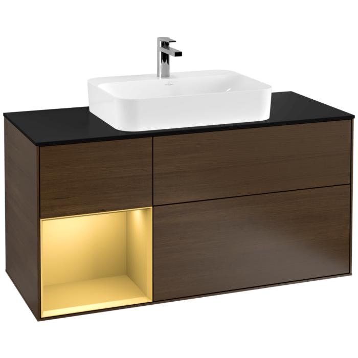 Villeroy Und Boch Finion Waschtischunterschrank G412HFGN 120Cm, Abdeckplatte Black Matt, Emotion, Regal Links Gold Matt, Walnut Veneer