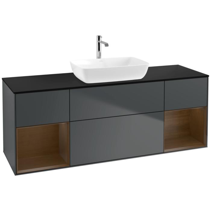 Villeroy Und Boch Finion Waschtischunterschrank F862GNHG 160Cm, Abdeckplatte Black Matt, Regale Walnut Veneer, Midnight Blue Matt Lacquer