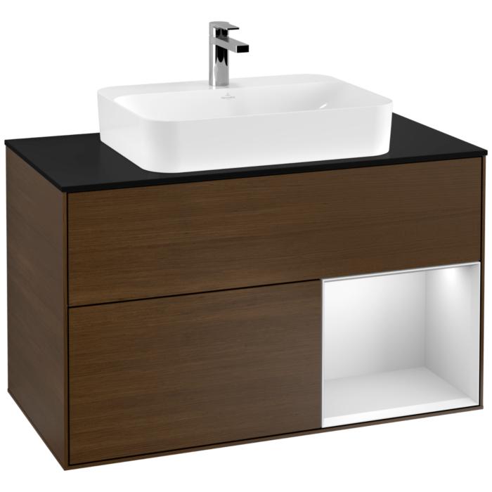 Villeroy Und Boch Finion Waschtischunterschrank G372MTGN 100Cm, Abdeckplatte Black Matt, Emotion, Regal Rechts White Matt Lacquer, Walnut Veneer