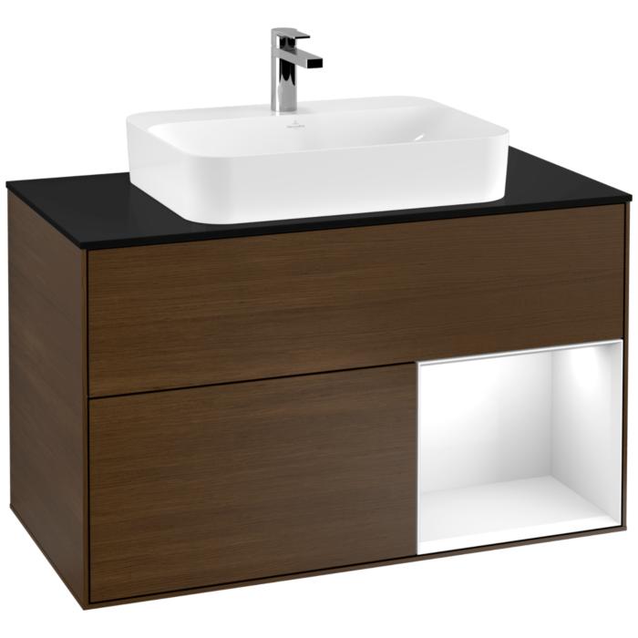Villeroy Und Boch Finion Waschtischunterschrank F372GFGN 100Cm, Abdeckplatte Black Matt, Regal Rechts Glossy White Lacquer, Walnut Veneer