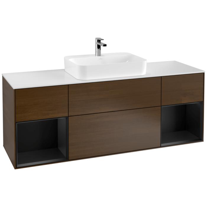 Villeroy Und Boch Finion Waschtischunterschrank G451PDGN 160Cm, Abdeckplatte White Matt, Emotion, Regale Black Matt Lacquer, Walnut Veneer