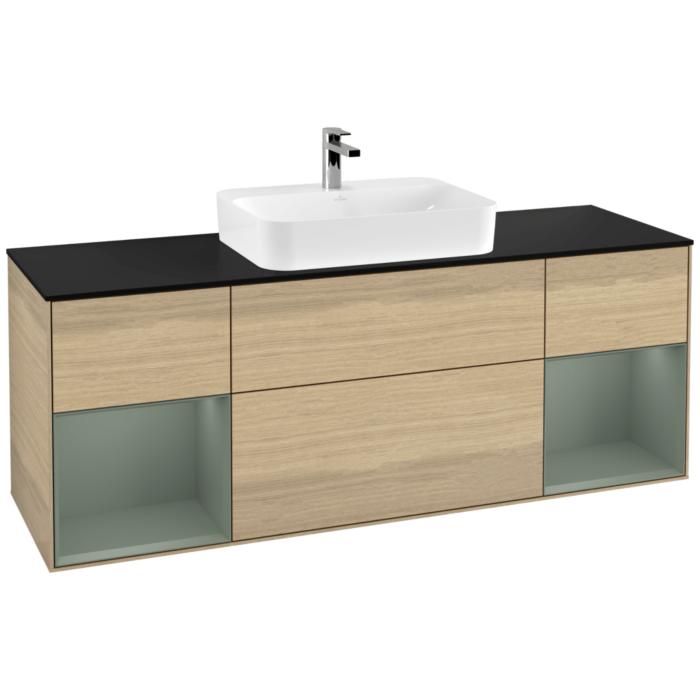 Villeroy Und Boch Finion Waschtischunterschrank G452GMPC 160Cm, Abdeckplatte Black Matt, Emotion, Regale Olive Matt Lacquer, Oak Veneer