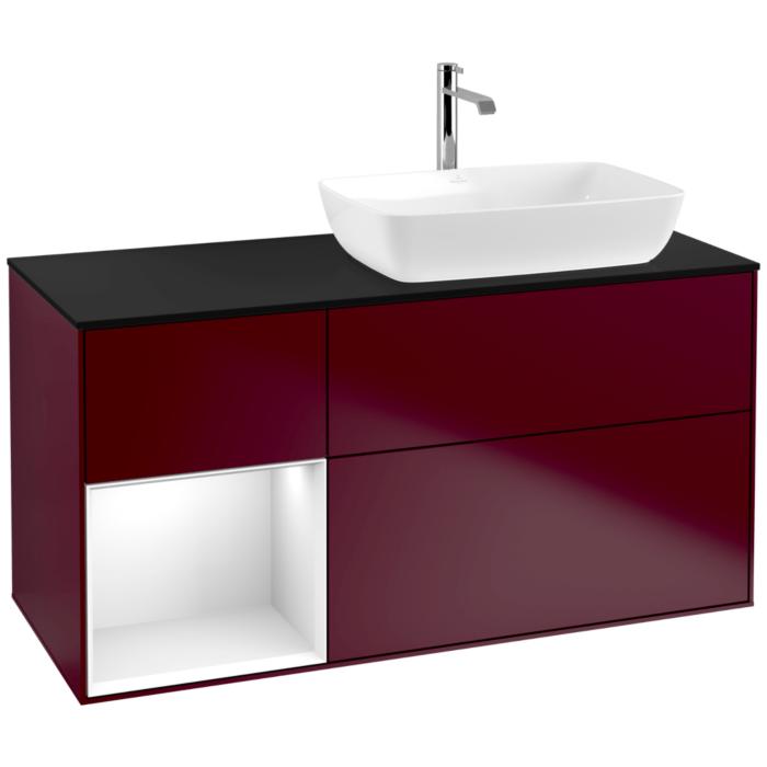 Villeroy Und Boch Finion Waschtischunterschrank F802GFHB 120Cm, Abdeckplatte Black Matt, Regale Glossy White Lacquer, Peony Matt