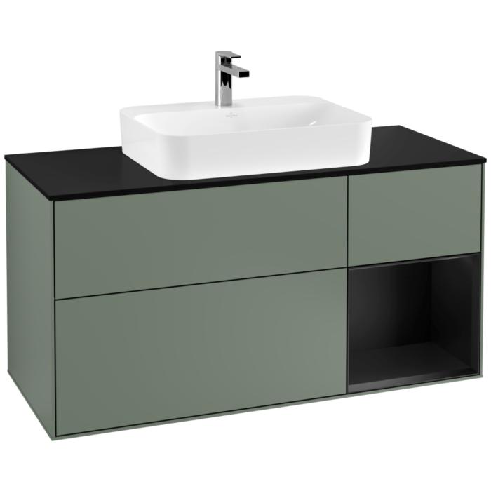 Villeroy Und Boch Finion Waschtischunterschrank F422PDGM 120Cm, Abdeckplatte Black Matt, Regal Rechts Black Matt Lacquer, Olive Matt Lacquer