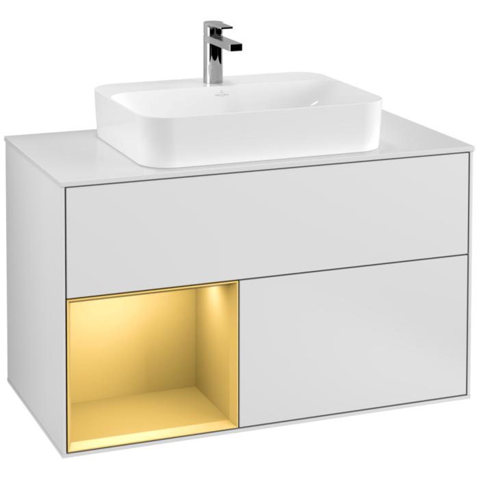 Villeroy Und Boch Finion Waschtischunterschrank G361HFMT 100Cm, Abdeckplatte White Matt, Emotion, Regal Links Gold Matt, White Matt Lacquer