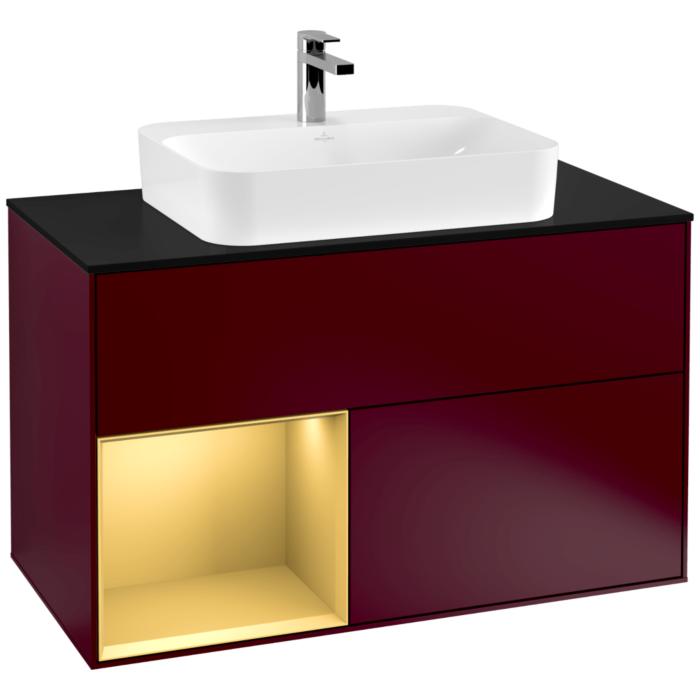 Villeroy Und Boch Finion Waschtischunterschrank F362HFHB 100Cm, Abdeckplatte Black Matt, Regal Links Gold Matt, Peony Matt