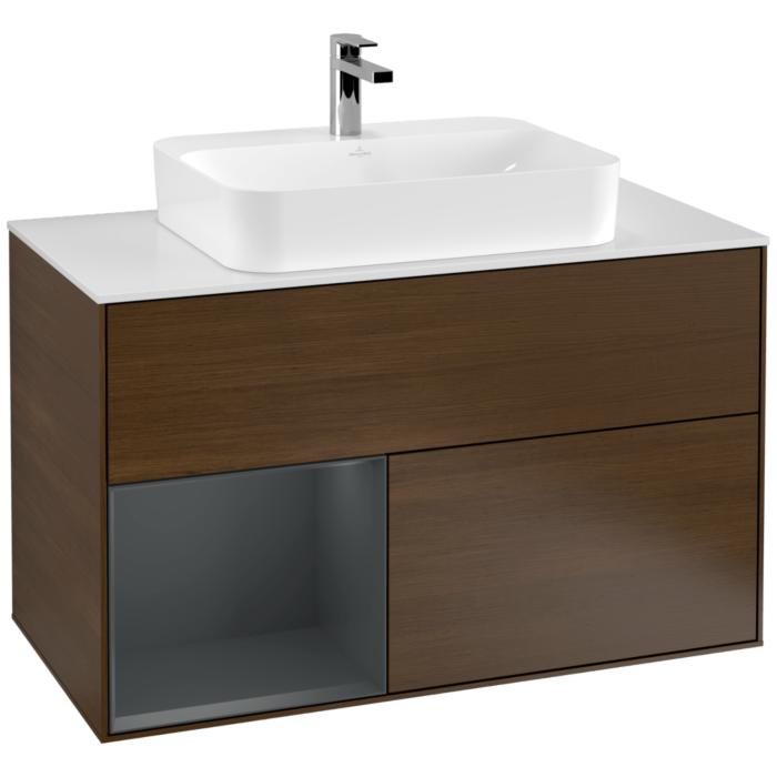 Villeroy Und Boch Finion Waschtischunterschrank F361HGGN 100Cm, Abdeckplatte White Matt, Regal Links Midnight Blue Matt Lacquer, Walnut Veneer