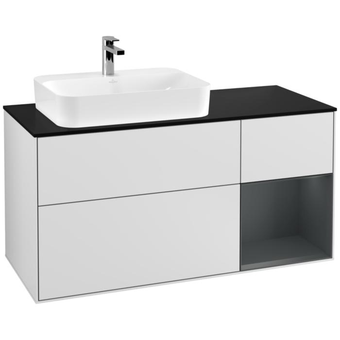 Villeroy Und Boch Finion Waschtischunterschrank F402HGMT 120Cm, Abdeckplatte Black Matt, Regal Rechts Midnight Blue Matt Lacquer, White Matt Lacquer