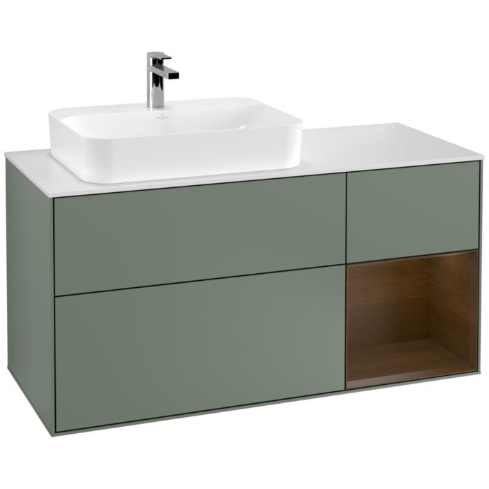 Villeroy Und Boch Finion Waschtischunterschrank F401GNGM 120Cm, Abdeckplatte White Matt, Regal Rechts Walnut Veneer, Olive Matt Lacquer
