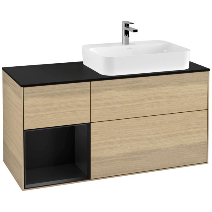 Villeroy Und Boch Finion Waschtischunterschrank F392PDPC 120Cm, Abdeckplatte Black Matt, Regal Links Black Matt Lacquer, Oak Veneer