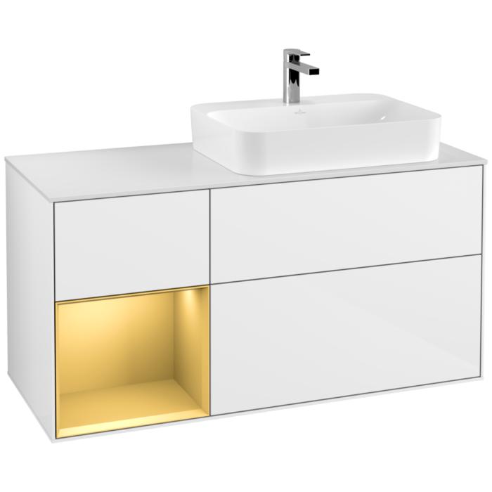 Villeroy Und Boch Finion Waschtischunterschrank G391HFGF 120Cm, Abdeckplatte White Matt, Emotion, Regal Links Gold Matt, Glossy White Lacquer
