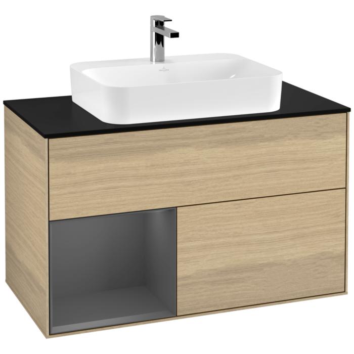 Villeroy Und Boch Finion Waschtischunterschrank G362GKPC 100Cm, Abdeckplatte Black Matt, Emotion, Regal Links Anthracite Matt, Oak Veneer