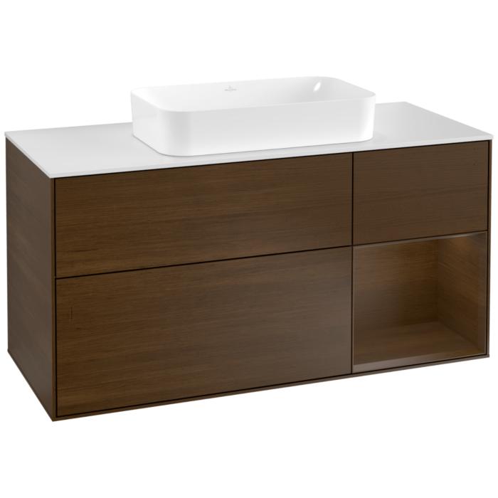 Villeroy Und Boch Finion Waschtischunterschrank F301GNGN 120Cm, Abdeckplatte White Matt, Regal Rechts Walnut Veneer, Walnut Veneer