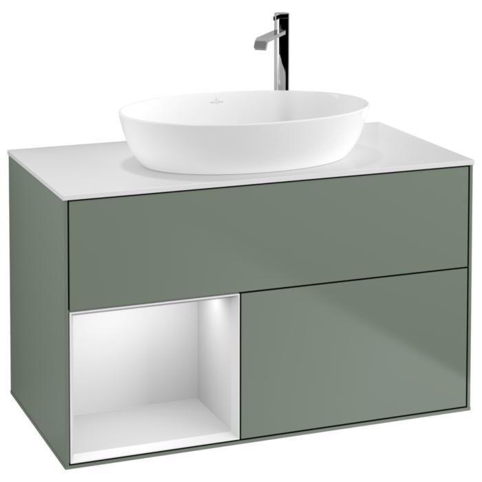 Villeroy Und Boch Finion Waschtischunterschrank F891MTGM 100Cm, Abdeckplatte White Matt, Regale White Matt Lacquer, Olive Matt Lacquer