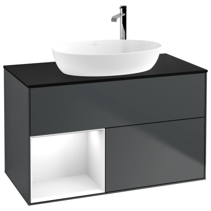 Villeroy Und Boch Finion Waschtischunterschrank G892GFHG 100Cm, Abdeckplatte Black Matt, Emotion, Regale Glossy White Lacquer, Midnight Blue Matt Lacquer