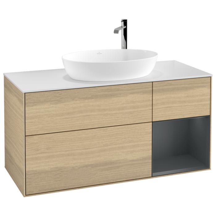 Villeroy Und Boch Finion Waschtischunterschrank F951HGPC 120Cm, Abdeckplatte White Matt, Regale Midnight Matt Lacquer, Oak Veneer