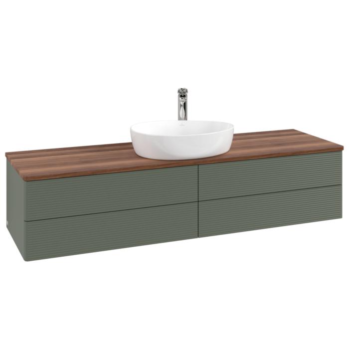 Villeroy Und Boch Antao Waschtisch-Unterschrank L25152HL Mit Beleuchtung Mit Struktur, 160X36X50Cm, Hahnlochbohrung, Waschbeckenplattenfarbe Warm Walnut, Leaf Green Matt Lacquer