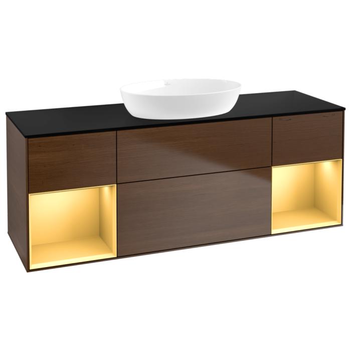 Villeroy Und Boch Finion Waschtischunterschrank GD02HFGN 120Cm, Abdeckplatte Black Matt, Emotion, Regale Gold Matt Lacquer, Walnut Veneer