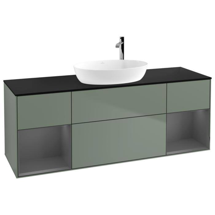 Villeroy Und Boch Finion Waschtischunterschrank F982GKGM 160Cm, Abdeckplatte Black Matt, Regale Anthracite Matt Lacquer, Olive Matt Lacquer