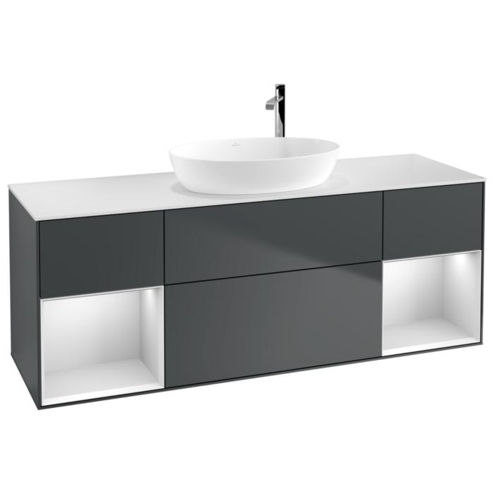 Villeroy Und Boch Finion Waschtischunterschrank F981MTHG 160Cm, Abdeckplatte White Matt, Regale White Matt Lacquer, Midnight Blue Matt Lacquer