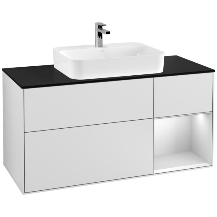 Villeroy Und Boch Finion Waschtischunterschrank F422MTMT 120Cm, Abdeckplatte Black Matt, Regal Rechts White Matt Lacquer, White Matt Lacquer