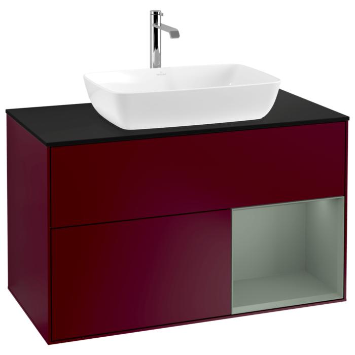 Villeroy Und Boch Finion Waschtischunterschrank G782GMHB 100Cm, Abdeckplatte Black Matt, Emotion, Regale Olive Matt Lacquer, Peony Matt