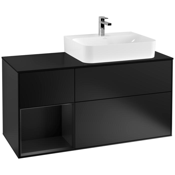 Villeroy und Boch Finion Waschtischunterschrank F142PDPD 120cm, Abdeckplatte Glass Black Matt, Regal links Black matt lacquer, Black matt lacquer