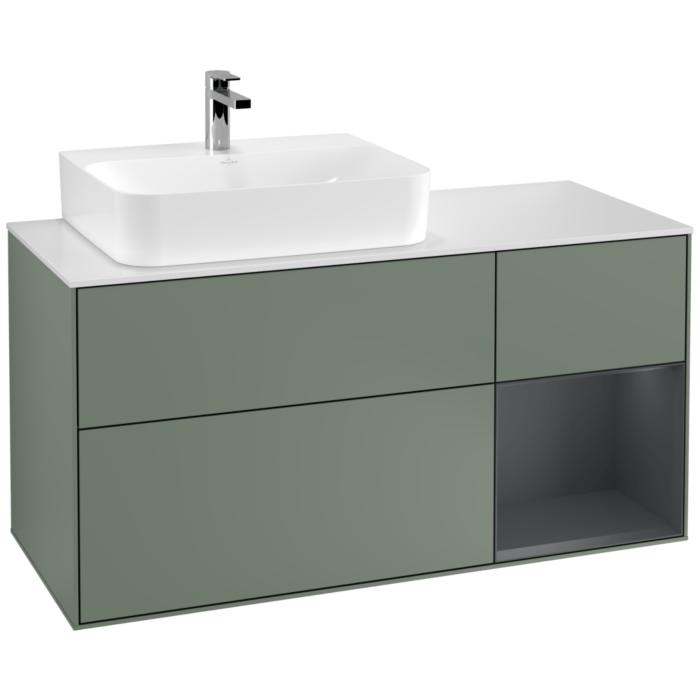 Villeroy Und Boch Finion Waschtischunterschrank F151HGGM 120Cm, Abdeckplatte White Matt, Regal Rechts Midnight Blue Matt Lacquer, Olive Matt Lacquer