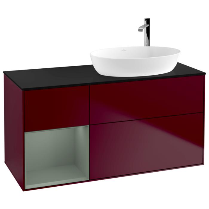 Villeroy Und Boch Finion Waschtischunterschrank G922GMHB 120Cm, Abdeckplatte Black Matt, Emotion, Regale Olive Matt Lacquer, Peony Matt