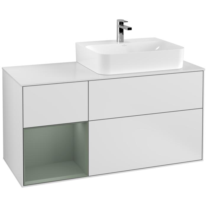 Villeroy Und Boch Finion Waschtischunterschrank G141GMMT 120Cm, Abdeckplatte White Matt, Emotion, Regal Links Olive Matt Lacquer, White Matt Lacquer