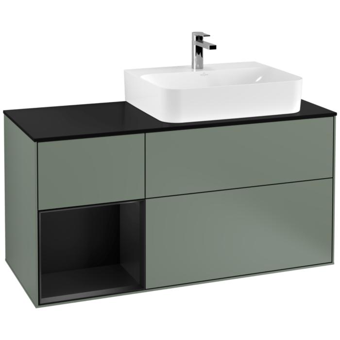 Villeroy Und Boch Finion Waschtischunterschrank G142PDGM 120Cm, Abdeckplatte Black Matt, Emotion, Regal Links Black Matt Lacquer, Olive Matt Lacquer