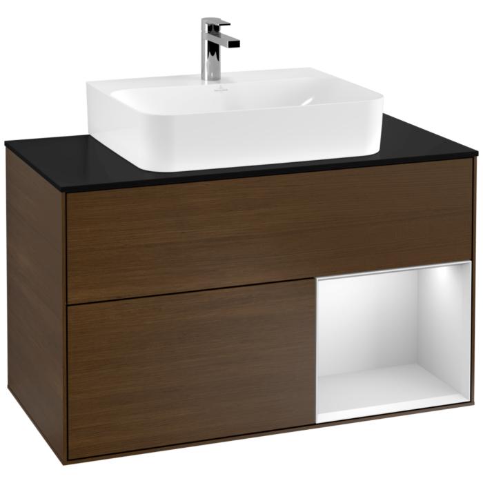Villeroy Und Boch Finion Waschtischunterschrank F122MTGN 100Cm, Abdeckplatte Black Matt, Regal Rechts White Matt Lacquer, Walnut Veneer