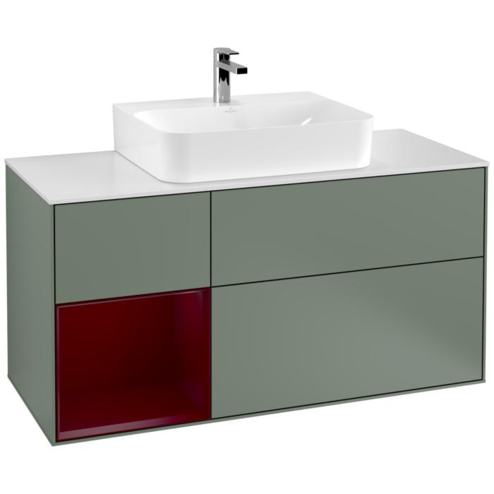 Villeroy Und Boch Finion Waschtischunterschrank F161HBGM 120Cm, Abdeckplatte White Matt, Regal Links Peony, Olive Matt Lacquer
