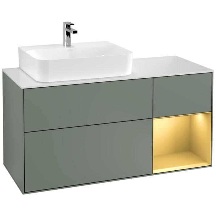 Villeroy Und Boch Finion Waschtischunterschrank G151HFGM 120Cm, Abdeckplatte White Matt, Emotion, Regal Links Gold Matt, Olive Matt Lacquer