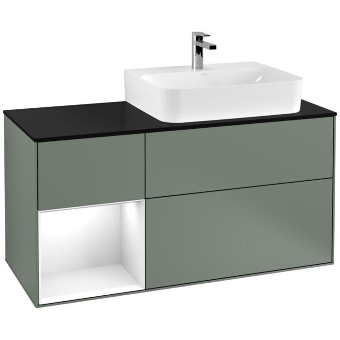 Villeroy Und Boch Finion Waschtischunterschrank G142GFGM 120Cm, Abdeckplatte Black Matt, Emotion, Regal Links Glossy White Lacquer, Olive Matt Lacquer